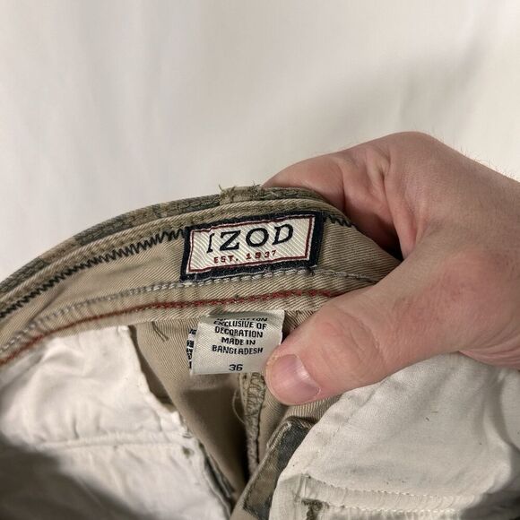 Izod Camo Cargo Shorts Men's 36 Green Button Zip Hook Loop Pockets 100% Cotton - Picture 8 of 8